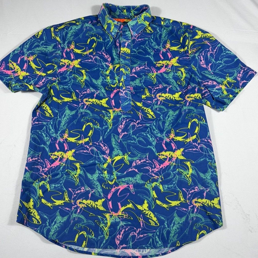 Chubbies Shirt Mens Medium Blue Yellow All Over Shark Print Short Sleeve Popover